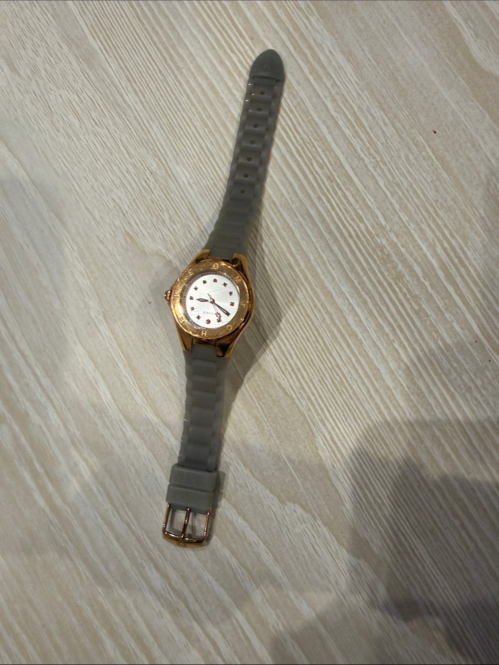Michele Gold-Tone Watch with Gray Strap and White Dial